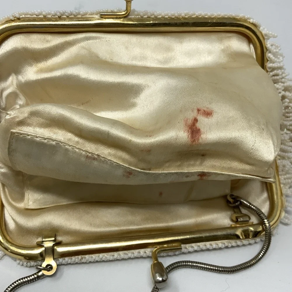 Vintage Beaded Evening Bag Ivory Sequin Gold Satin Interior Wedding Formal 1960s